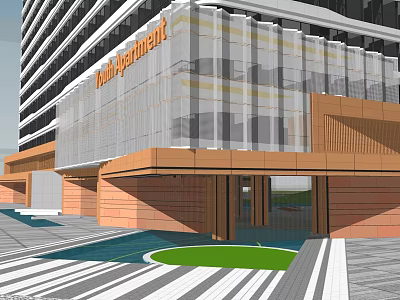 Modern Apartment Building Exterior With Glass Curtain Wall And Wooden Entrance 3d model