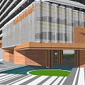 Modern Apartment Building Exterior With Glass Curtain Wall And Wooden Entrance