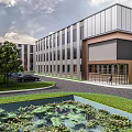 Modern Industrial Factory With Two Symmetric Buildings Central Water Pond Greenery And Pathway