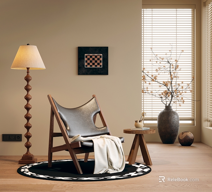 Stylish Wooden Lounge Chair With Leather Seat Floor Lamp Side Table And Window Blinds 3d model 