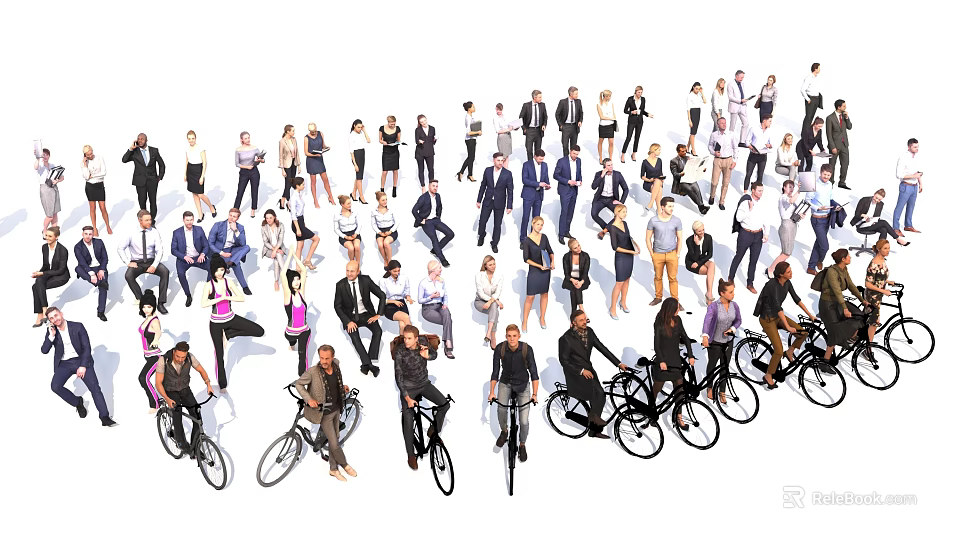 Large Group of People Engaging in Different Activities Including Cycling And Standing 3d model 