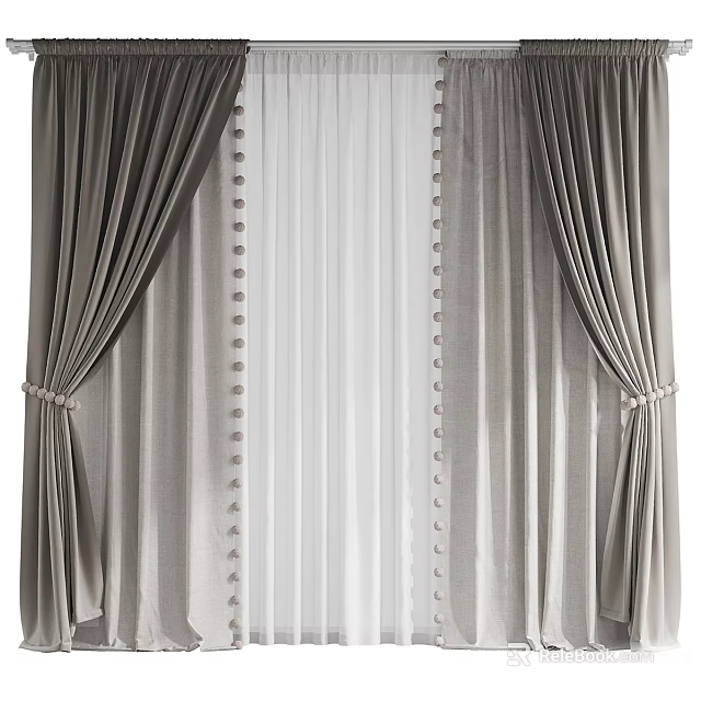 Gray Velvet Curtains With White Sheer Panels Decorative Pom Pom Details And Tie Backs 3d model 