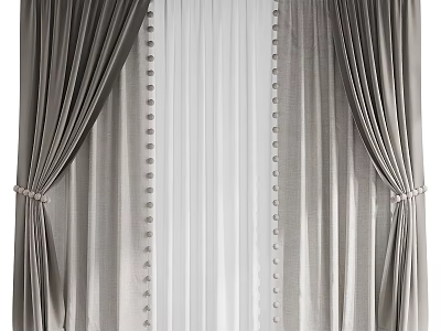 Gray Velvet Curtains With White Sheer Panels Decorative Pom Pom Details And Tie Backs 3d model