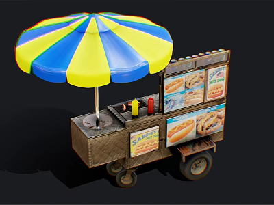 Colorful Striped Umbrella Hot Dog Cart With Condiments And Display Signs 3d model
