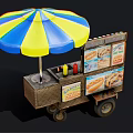 Colorful Striped Umbrella Hot Dog Cart With Condiments And Display Signs