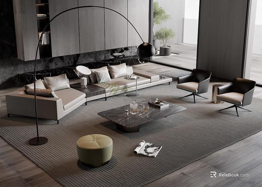 Modern Sofa Coffee Table Combination With Accent Chairs Area Rug and Floor Lamp Decor 3d model 
