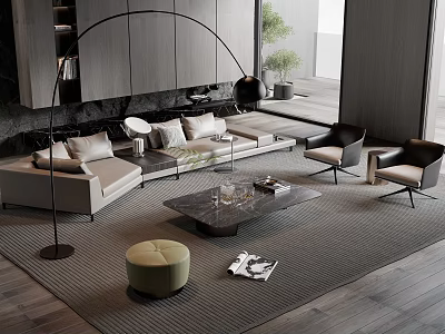 Modern Sofa Coffee Table Combination With Accent Chairs Area Rug and Floor Lamp Decor 3d model