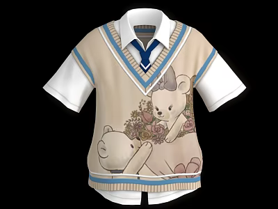 Beige Short Sleeved Shirt With Blue V Neck And Cartoon Bears Holding Flower Bouquet 3d model