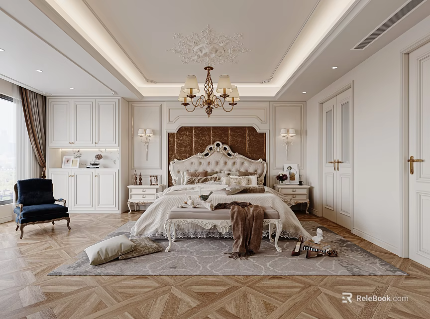 Elegant Bedroom Interior With Carved Headboard Crystal Chandelier White Cabinets And Herringbone Floor 3d model 