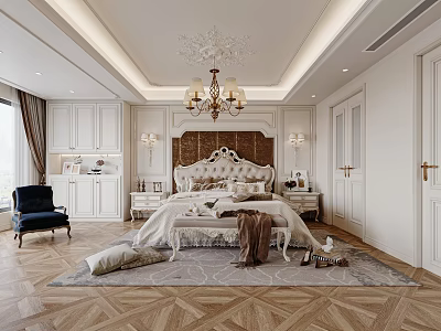 Elegant Bedroom Interior With Carved Headboard Crystal Chandelier White Cabinets And Herringbone Floor 3d model