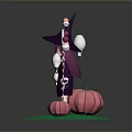 Witch In Purple Robe With Pointed Hat Holding Magic Wand And Pumpkins On Green Base
