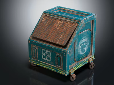 Vintage Teal Storage Box With Brown Wooden Lid Portrait Symbols And Wheels 3d model