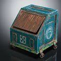 Vintage Teal Storage Box With Brown Wooden Lid Portrait Symbols And Wheels
