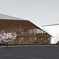 Modern Geometric Building Design With Glass Curtain Walls And Pink Blossom Trees