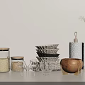 Stylish Kitchen Utensils Including Glass Jars Stacked Bowls Cups Wooden Bowl And Towel Holder