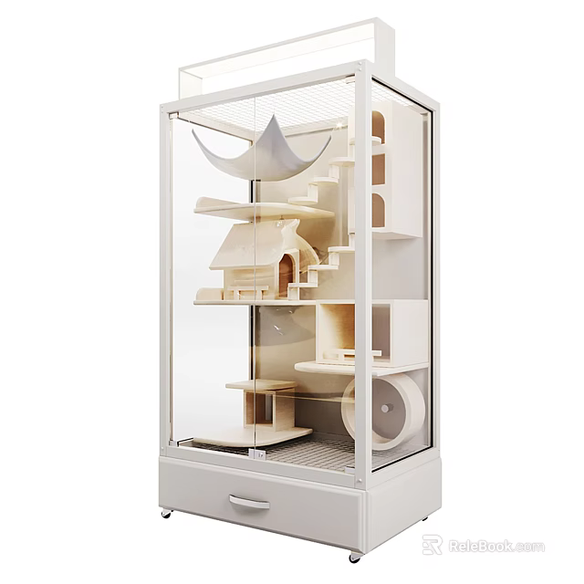 Decorative Ornament Set White Multi Tiered Display Cabinet With House Shaped Ornaments Drawer And Wheel 3d model 
