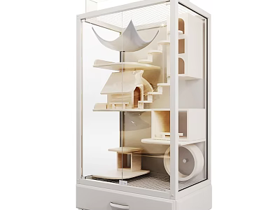 Decorative Ornament Set White Multi Tiered Display Cabinet With House Shaped Ornaments Drawer And Wheel 3d model