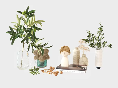 Stylish Decorative Ornament Set With Olive Branches Vases Sculpture Decorative Balls And Leaves 3d model