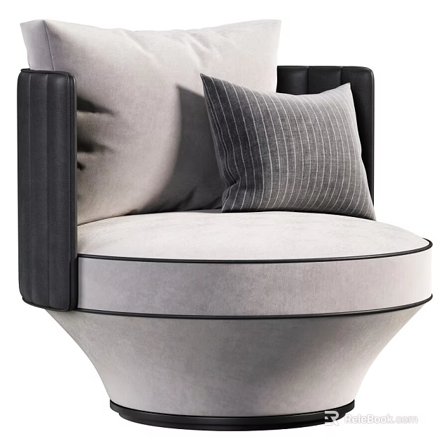 Modern Gray Upholstered Single Sofa With Black Armrests Striped Pillow And Round Base 3d model 