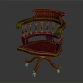 Vintage Red Accent Chair With Carved Armrests And Velvet Seat On Wheeled Base