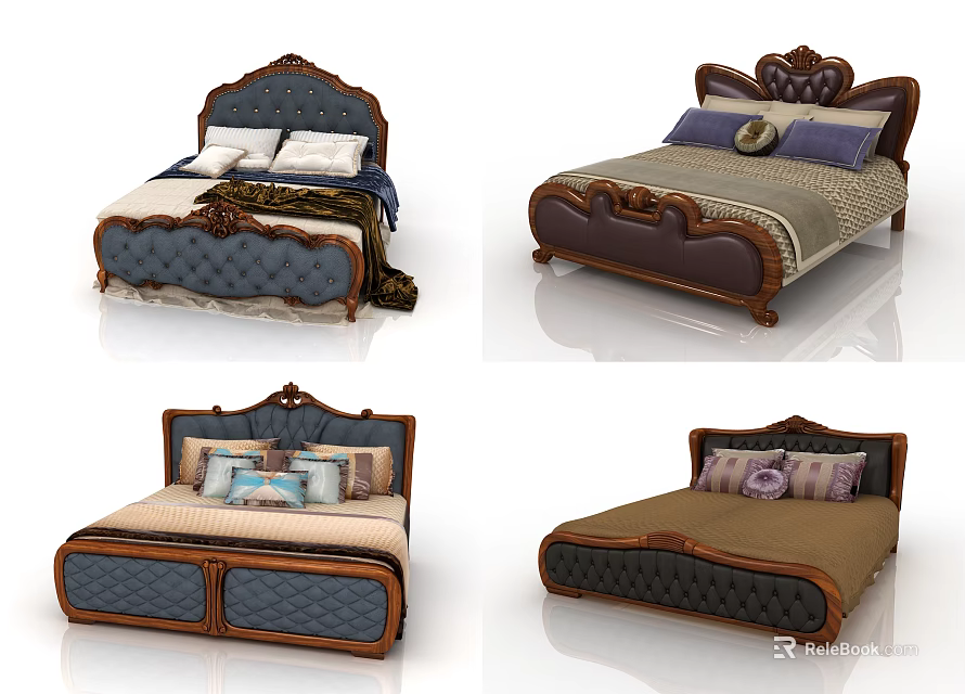 Various Classic Double Bed Designs With Carved Headboards And Decorative Pillows 3d model 