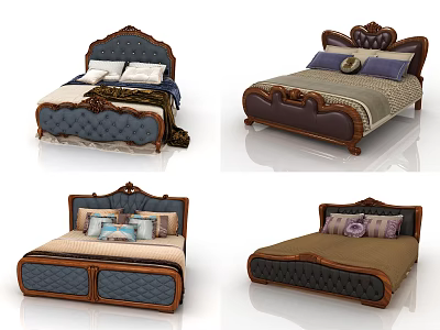 Various Classic Double Bed Designs With Carved Headboards And Decorative Pillows 3d model