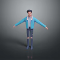 Man in Blue Jacket White Shirt With Ripped Jeans Blue Shoes Dark Hair Arms Outstretched