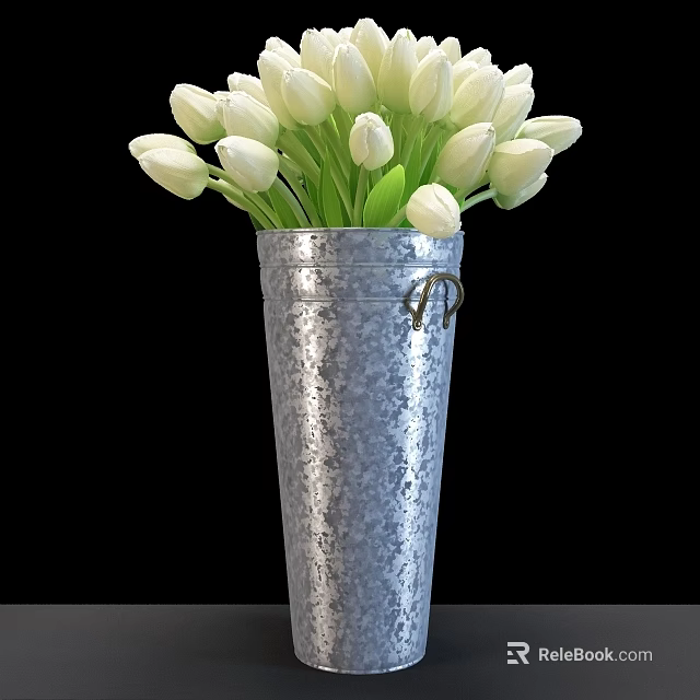 Elegant Silver Conical Metal Vase with Ring Detail and Fresh White Tulips 3d model 