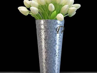 Elegant Silver Conical Metal Vase with Ring Detail and Fresh White Tulips 3d model