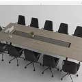 Modern Long Wooden Conference Table With Central Strip Black Office Chairs And Small Potted Plant