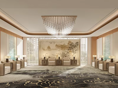 Elegant Luxurious Lounge Area With Grand Crystal Chandelier Patterned Carpet And Decorative Painting 3d model