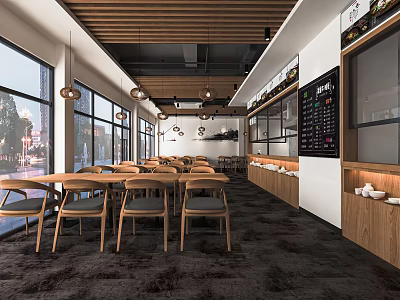 Modern Restaurant Interior With Wooden Tables Chairs Large Windows Menu Board Hanging Lights 3d model