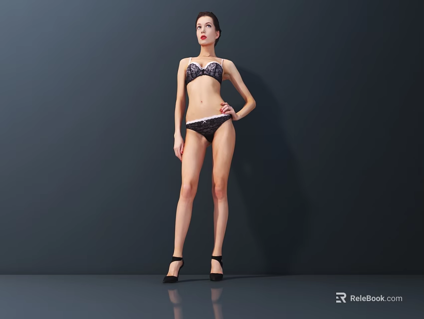 Woman Posing in Black Lingerie and High Heels Against Gray Background 3d model 