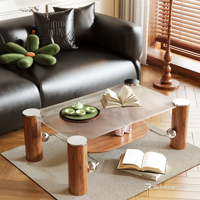 Glass Coffee Table With Wooden Legs Near Leather Sofa With Open Books Green Cups 3d model 