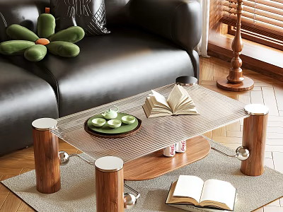 Glass Coffee Table With Wooden Legs Near Leather Sofa With Open Books Green Cups 3d model