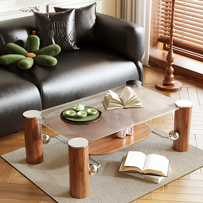 Glass Coffee Table With Wooden Legs Near Leather Sofa With Open Books Green Cups 3d model