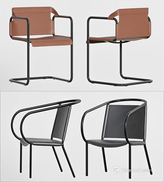 Modern Leisure Chairs With Metal Frame Leather Seats And Two Tone Brown Black Design 3d model 