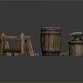 Rustic Wooden Household Supplies With Barrels Anvil And Trestles For Daily Use