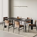 Black Dining Table And Brown Leather Chairs Set In Modern Interior With Pendant Lights