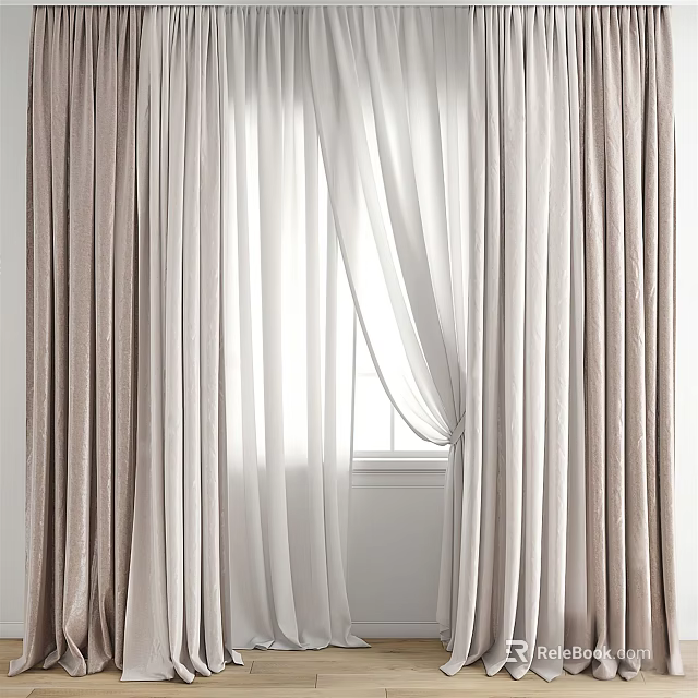 Elegant Light Beige Curtains With Sheer White Panels For Window Decoration 3d model 