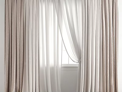 Elegant Light Beige Curtains With Sheer White Panels For Window Decoration 3d model