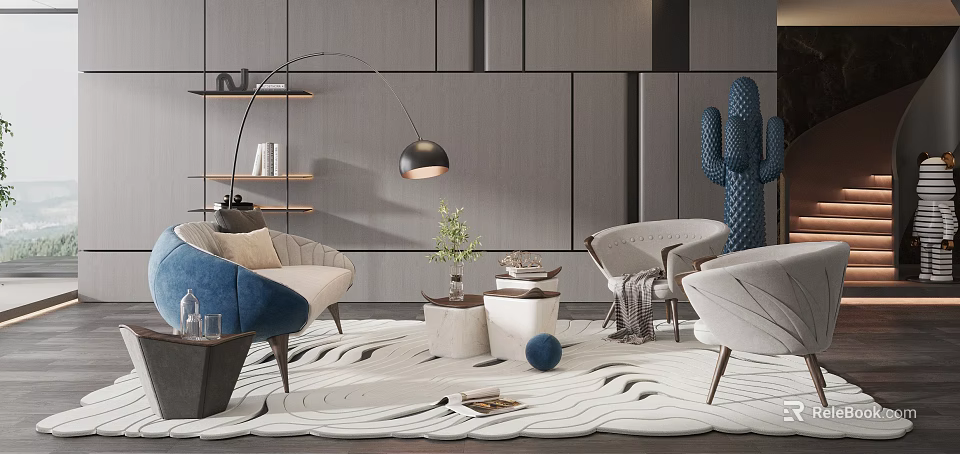 Modern Living Room Interior With Blue Beige Armchairs Floor Lamp White Rug Blue Cactus Decor 3d model 