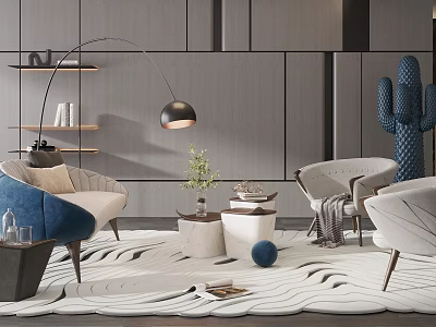 Modern Living Room Interior With Blue Beige Armchairs Floor Lamp White Rug Blue Cactus Decor 3d model
