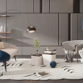 Modern Living Room Interior With Blue Beige Armchairs Floor Lamp White Rug Blue Cactus Decor