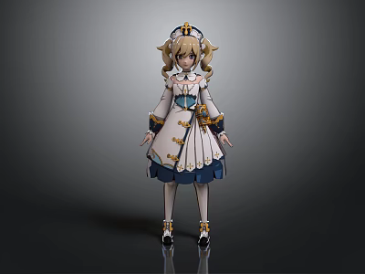 Anime Character With Blonde Twin Ponytails White Dress Blue Gold Accents Ruffled Cuffs Bow Shoes 3d model
