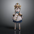 Anime Character With Blonde Twin Ponytails White Dress Blue Gold Accents Ruffled Cuffs Bow Shoes