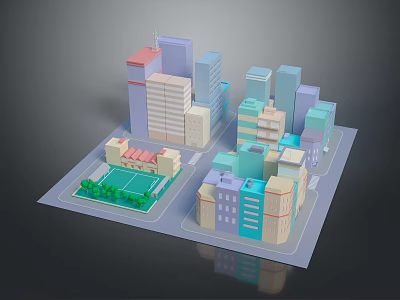 Cartoon Cityscape 3D Model With Colorful Buildings And Green Park Area 3d model