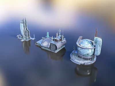 Futuristic Architectural Models Floating On Water With Reflections And Unique Sci-Fi Designs 3d model
