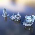 Futuristic Architectural Models Floating On Water With Reflections And Unique Sci-Fi Designs