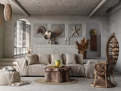 Cozy Living Room With Gray Ceiling Wooden Pendant Lights Arched Windows And Rattan Chair 3d model